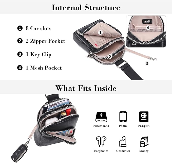 INICAT RFID Blocking Sling Bag Leather Crossbody Bags for Women Fanny Pack Cross Body for Woman Chest Bag for Travel 1.9L