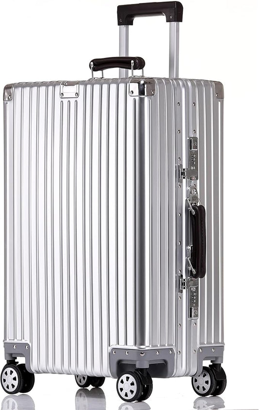 HotWay 20 Inch All Aluminum Carry On Luggage with Leather Handle, Hard Shell Zipperless Suitcase with TSA Locks and Spinner Wheels, Silver Travel Luggage (22x14x9 Airline Approved)