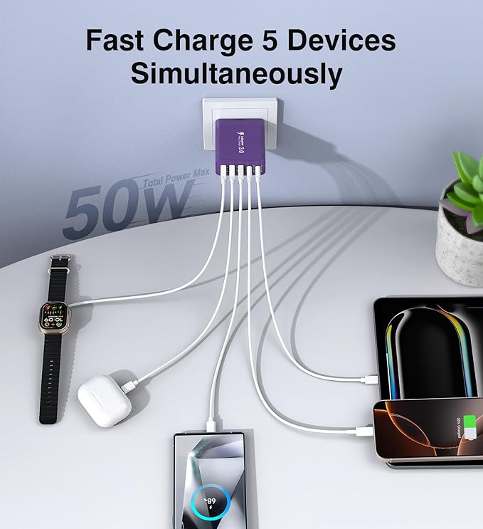 [2-Pack] USB C Wall Charger, 50W Fast USB C Charger Block, 5-Port PD Power Adapter + QC Wall Plug Multiport Type C Charging Block Cube Compatible with iPhone 16 15 14 13 12 11 Pro Max XR XS, Purple