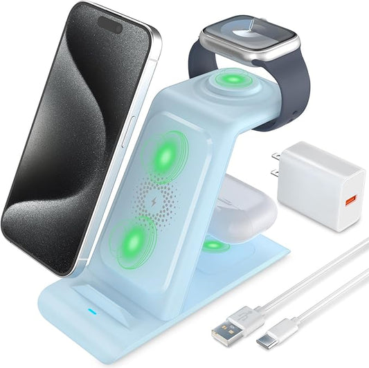 HATALKIN 3 in 1 Wireless Charging Station Compatible for Apple Products Multiple Devices Charger for Apple Watch Ultra 11 10 9 8 7 SE AirPods Pro iPhone 17 16 15 14 13 Pro Max/X/XS Fast Charger Stand