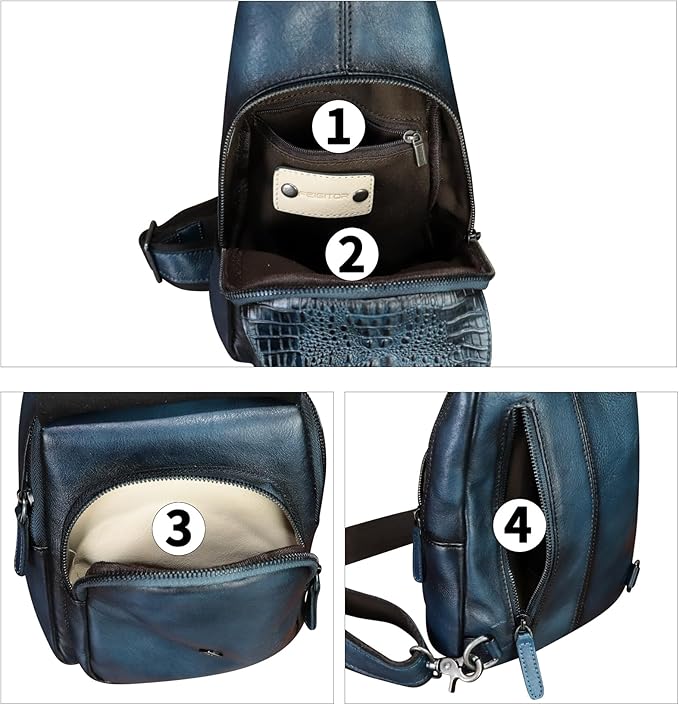 Genuine Leather Sling Bag Embossed Crocodile Pattern Leather Crossbody Sling Backpack Handmade Chest Purse Daypack (Navy Blue)