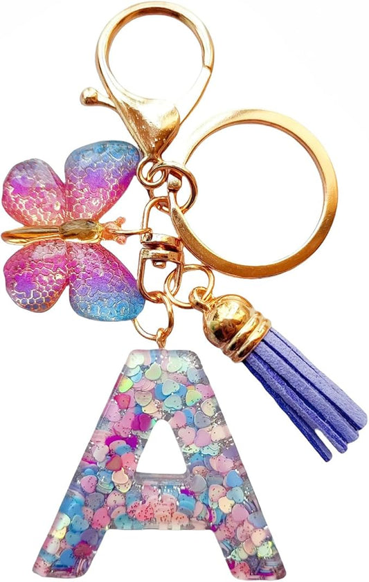 Cute Initial Letter Keychains for Women Girls Tassel Butterfly Pink Purple Green Keychain for Backpack School Bag
