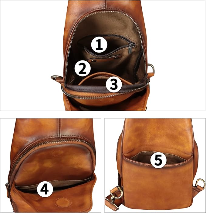 Genuine Leather Sling Bag Retro Crossbody Sling Backpack Handmade Chest Shoulder Daypack Purses Fanny Pack (Brown)