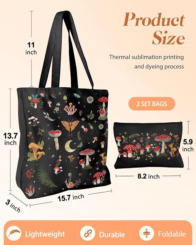 2 Pack Canvas Tote Bag - with Makeup Pouch Aesthetic Cute Women Reusable Canvas Bag for Shopping, Work, Travel