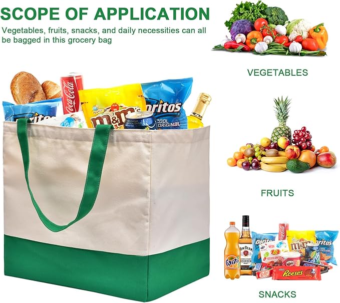 Canvas Reusable Grocery Bags Heavy Duty, 8.3 gal Foldable Large Canvas Tote Bag with Handles, Holds 60 lbs Shopping Bags, 3 Pack