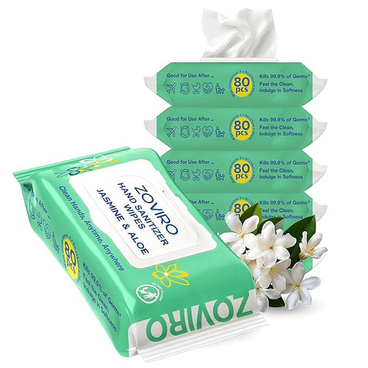 Zoviro Hand Sanitizing Wipes, Bergamot and Orange Essential Oils, Moisturizing Hand Sanitizer Wipes, Value Pack, Jasmine Scent, 80 Count (Pack of 6)