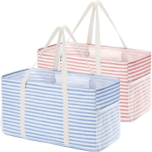 Lifewit Extra Large Tote Bag, Reusable Grocery Bags with Metal Wire Frame and Handles, Standing Utility Foldable Shopping Bags for Storage, Picnics, Beach, Pool, Laundry, Car 2 Packs 46L Blue and Pink