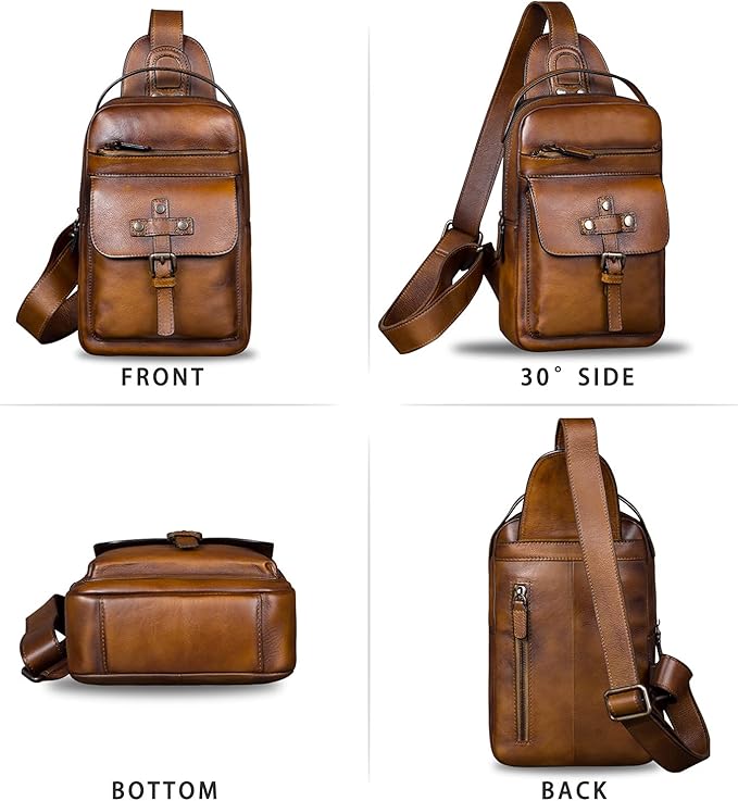 IVTG Genuine Leather Sling Bag Chest Shoulder Fanny Bag Hiking Backpack Vintage Handmade Crossbody Daypack