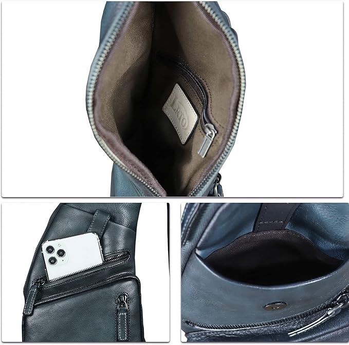 Genuine Leather Sling Bag for Men Vintage Handmade Crossbody Daypack Hiking Backpack Retro Crossbody Shoulder Bags (Grey)