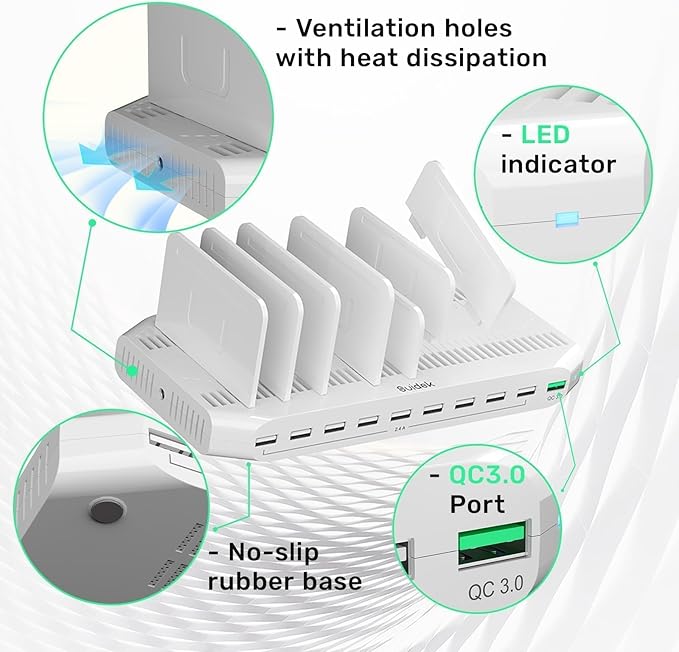 Multiple Device USB Charging Station, 10 Ports Charging Station for Multiple Devices, USB Charging Dock with Adjustable Dividers Compatible with Tablets, Smartphones-60W