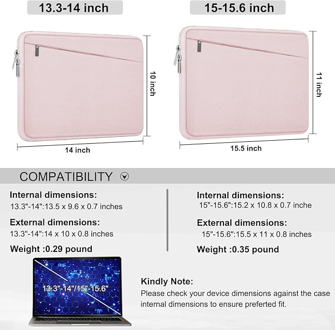 Laptop Sleeve, 15.6 inch Laptop Case, Durable Computer Carrying Bag Protective Case Briefcase Handbag with Front Pocket, Slim Laptop Case Cover for 15.6 Inch HP, Dell, Lenovo, Asus, Notebook, Pink