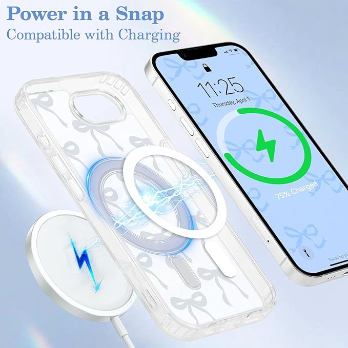 UEEBAI Magnetic for iPhone 16e Case, Bow Case Compatible with MagSafe, Wireless Slim Clear Ribbon Aesthetic Phone Cover Anti-Yellowing Shockproof Protective Cover for Women Girl - Blue