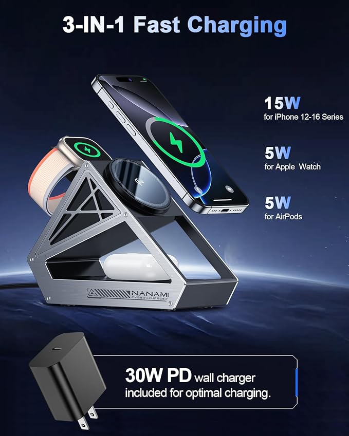 NANAMI Wireless Charging Station for Apple Watch, Qi2 Certified 3 in 1 15W Magnetic Wireless Charger Stand for iPhone 16/15/14/13/12 Series, AirPods 4/3/Pro/Pro 2, [Certified] Apple Watch Charger