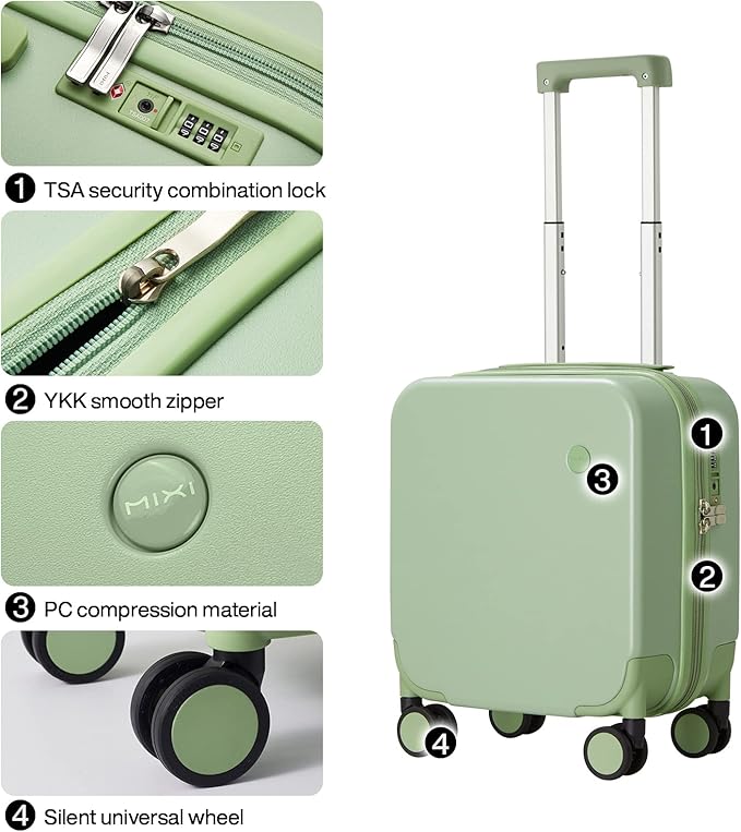 mixi 14 Inch Underseat Luggage Carry on Suitcase Free Boarding Personal Item Suitcases with Spinner Wheels Hardshell Lightweight PC for Short Travel, Avocado Green