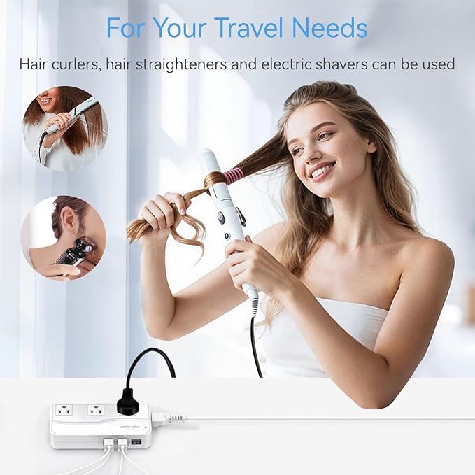 BESTEK Universal Travel Adapter 100-220V to 110V Voltage Converter 250W with 6A 4-Port USB Charging 3 AC Sockets and EU/UK/AU/US/India Worldwide Plug Adapter (03 UK Plug White)