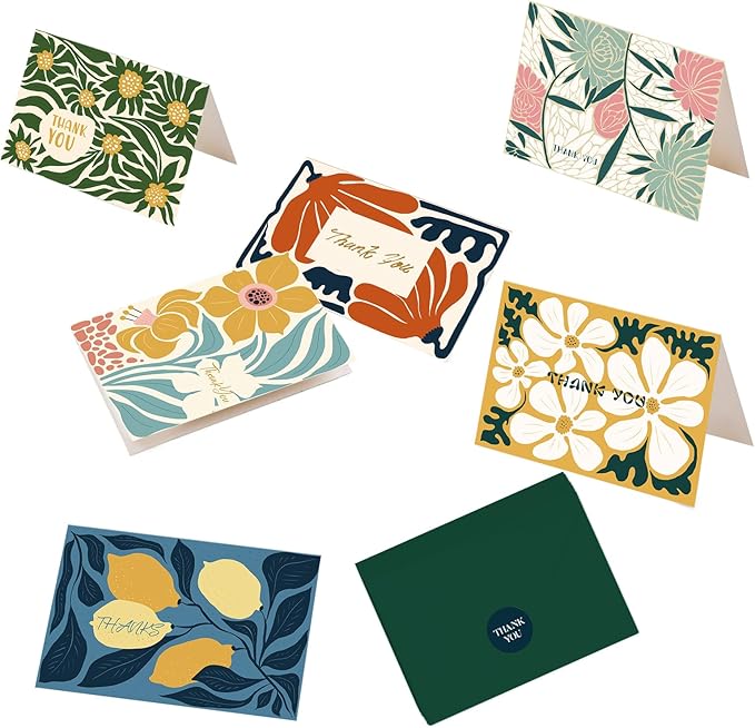 qiqee Color Contrast Flower Thank You Cards Greeting Gift Cards for Handwritten Messages 4x6 Inch 6 Design Birthday Thank You Notes (24pcs +24pcs Envelopes)