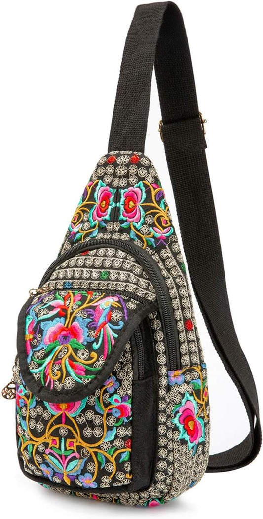 SILKAREA Embroidered Canvas Sling Backpack for Women Travel Chest Bag Crossbody Backpack Purse Shoulder Bag Medium
