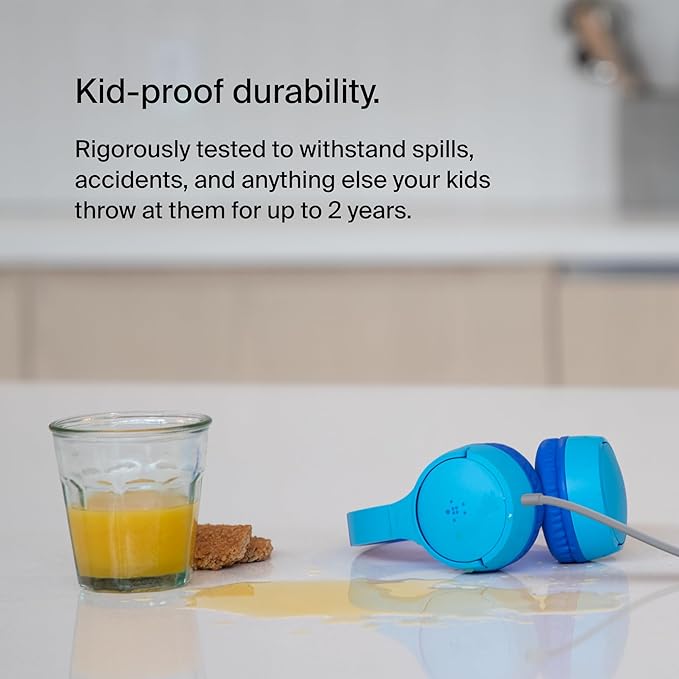 Belkin SoundForm Mini Kids Wired Headphones with Built-in Microphone & Fun Stickers, 85dB Safe Volume Limit – for Online Learning, Travel, Compatible w/iPhone 15, iPad, Galaxy S23, & More - Blue