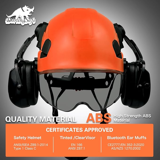 Hard Hats with Visor Bluetooth Ear Muffs Safety Helmet with Visors Mounted Safety Ear muff Hardhats Vented ANSI Z89.1 OSHA