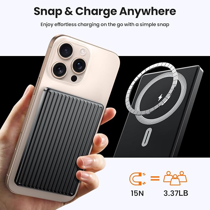 Magnetic Power Bank,Ultra Slim Wireless Portable Charger 5000mAh,20W PD Battery Pack Fast Charging,USB C in&Out Powerbank for iPhone 16/15/14/13/12 Pro Max