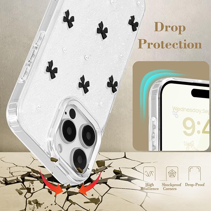 EYZUTAK Case for iPhone 16 Pro, Bling Glitter 3D Bowknot Phone Case Cute Sparkly Crystal Clear Bow Aesthetic Design Case Slim Soft Durable TPU Transparent Protective Cover for Women Girl - Black Bow