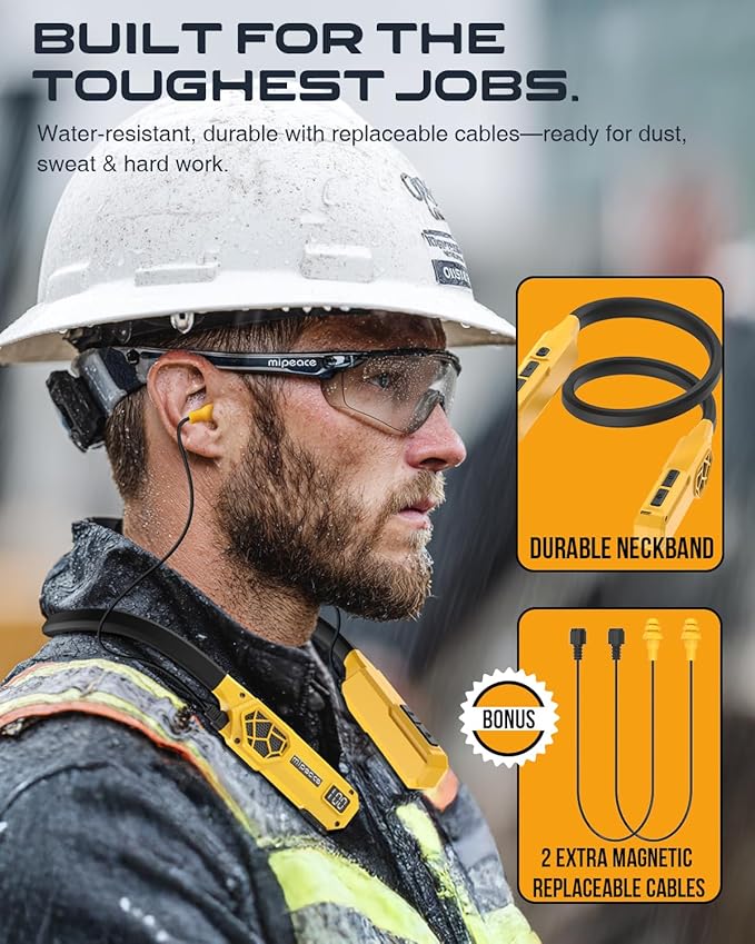 MIPEACE Neckband Bluetooth Headphones, 2-in-1 Around The Neck Work Headphones-OSHA Approved Earbuds w/Built-in Speakers,ENC,100+Hrs Playtime,4 EQ Modes for Bluetooth Hearing Protection Mowing Safety