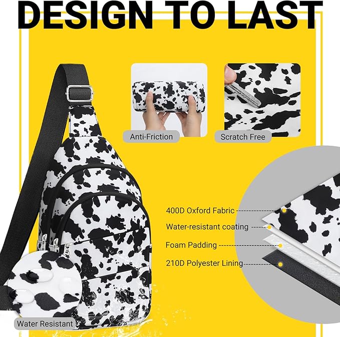 Crossbody Bags for Women, Sling Bag for Men, Small Hiking Backpack Anti Theft Lightweight for Outdoors Travel （M, Cow Print）