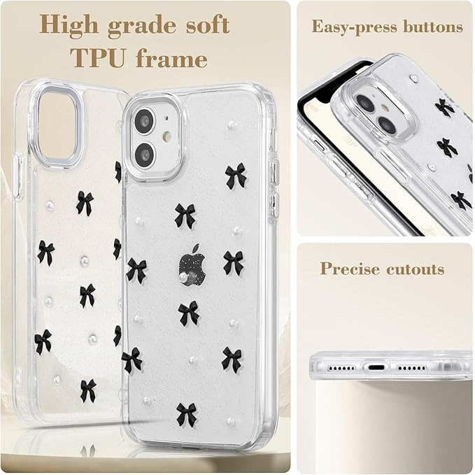 EYZUTAK Case for iPhone 12/iPhone 12 Pro, Bling Glitter 3D Bowknot Phone Case Cute Sparkly Crystal Clear Bow Aesthetic Case Slim Soft Durable TPU Transparent Protective Cover for Women Girls-Black Bow