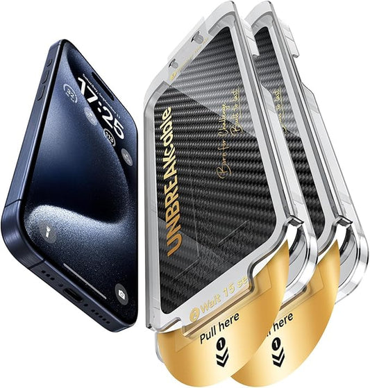 UNBREAKcable Screen Protector for iPhone 15 Pro Max, Pull-To-Protect Easy Installation, Auto Dust-Elimination, 9H+ Military-Grade Tempered Glass, Bubble-Free, Case Friendly, HD Clear, 6.7 Inch, 2 Pack