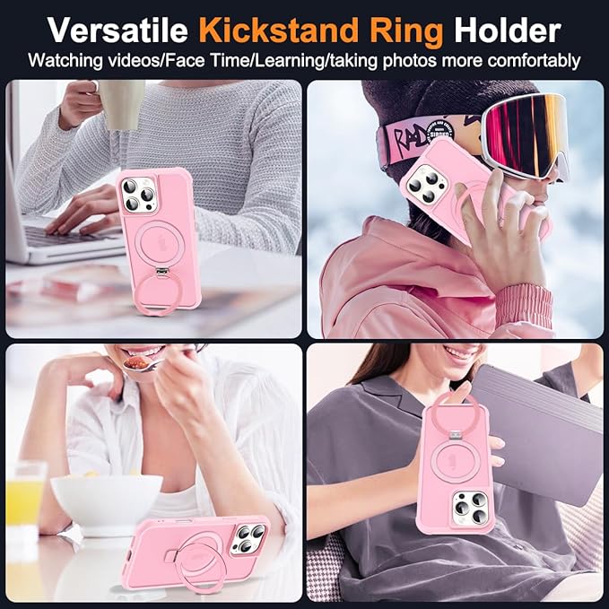 Compatible with iPhone 16 Pro Max Case with Invisible Magnetic O-Ring Stand Military-Grade Translucent Case for iPhone 16 ProMax 6.9" [Compatible with Mag-Safe][Great Grip Feeling], Pink