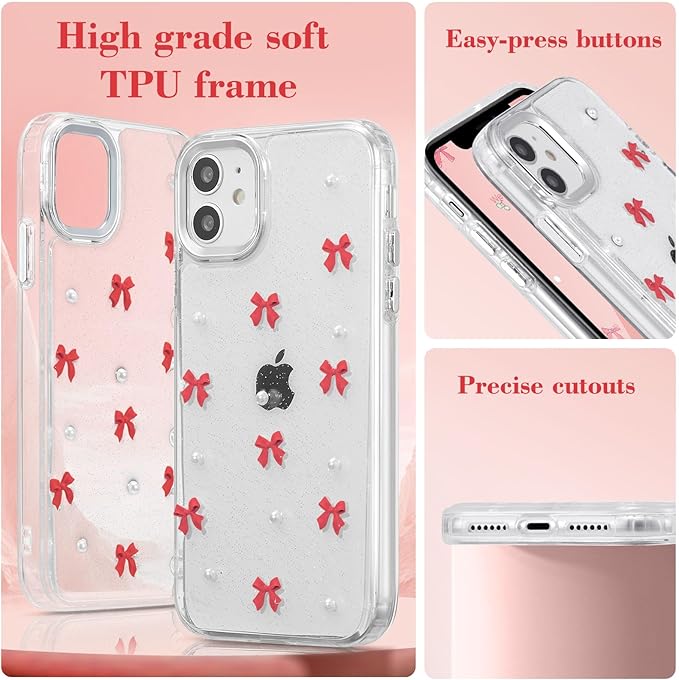 EYZUTAK Case for iPhone 12/iPhone 12 Pro, Bling Glitter 3D Bowknot Phone Case Cute Sparkly Crystal Clear Bow Aesthetic Case Slim Soft Durable TPU Transparent Protective Cover for Women Girls-Red Bow