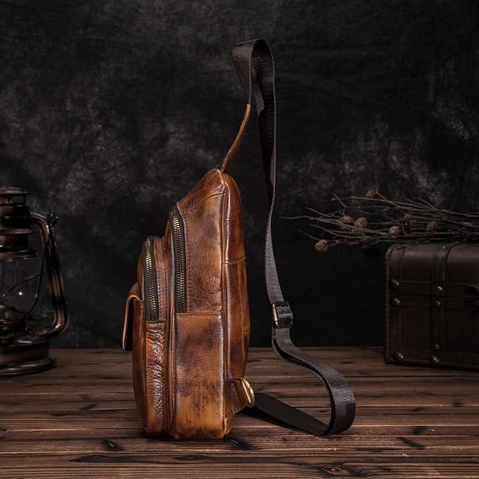 Le'aokuu Men Outdoor Casual Travel Hiking Tea Crossbody Chest Sling Bag Rig One Shoulder Strap Bag Backpack Men Leather