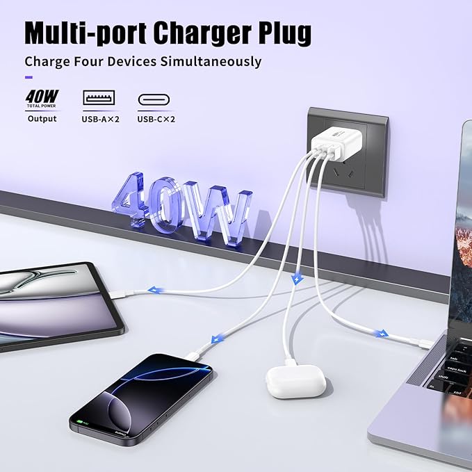 USB C Charger Block, 40W 3Pack 4-Port Type C Fast Charging Wall Cube, Dual PD&QC Power Adapter Multiport Charger Wall Plug Type C Brick for iPhone 16/15/14/13/12/11 Pro Max XR XS, iPad Pro/Air/Mini