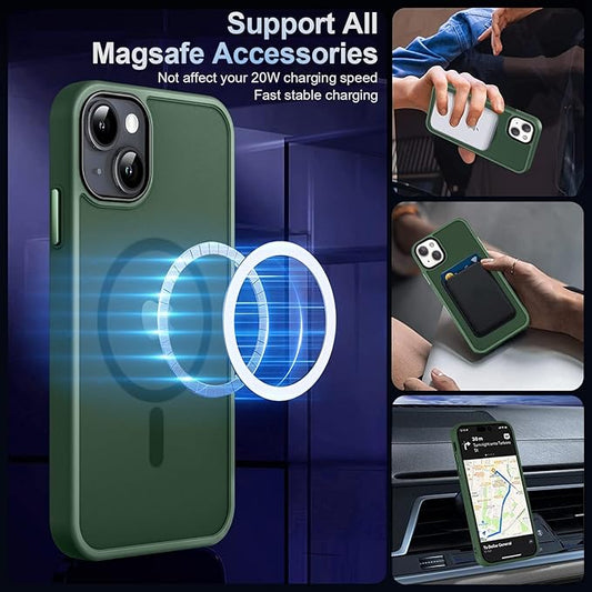 MOCCA Strong Magnetic for iPhone 13 Case, [Compatible with Magsafe][Screen Protector+Camera Lens Protector] Translucent Matte Back Slim Shockproof Case for iPhone 13 Phone Case 6.1", Midnight Green