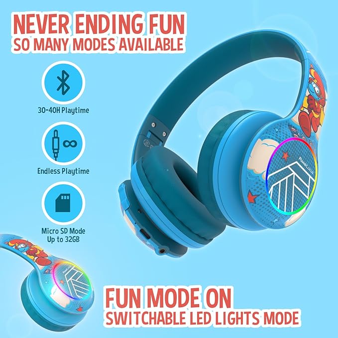 PowerLocus The Smurfs Kids Headphones, Bluetooth Headphones Over Ear for Kids with LED Lights, 74/85/94dB Volume Limited, Micro SD/TF, Foldable with Hi-Fi Stereo, Built-in Mic for School/Tablet/Travel