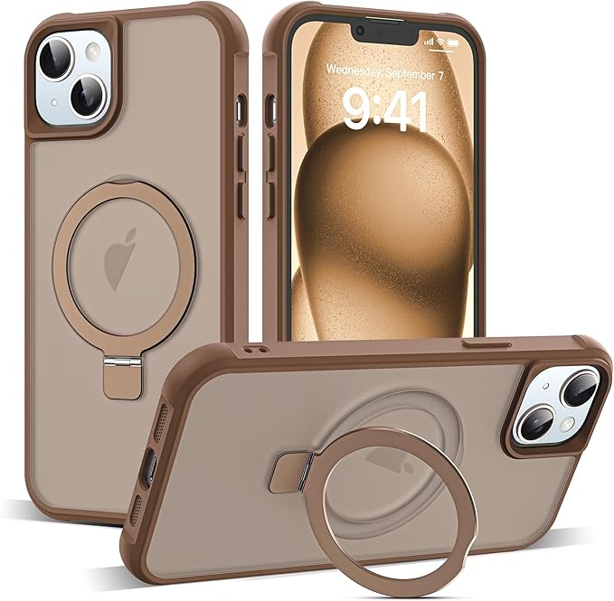 Compatible with iPhone 15 Plus Case with Invisible Magnetic O-Ring Stand Military-Grade Translucent Case for iPhone 15 Plus 6.7" [Compatible with Mag-Safe][Great Grip Feeling],Desert Brown