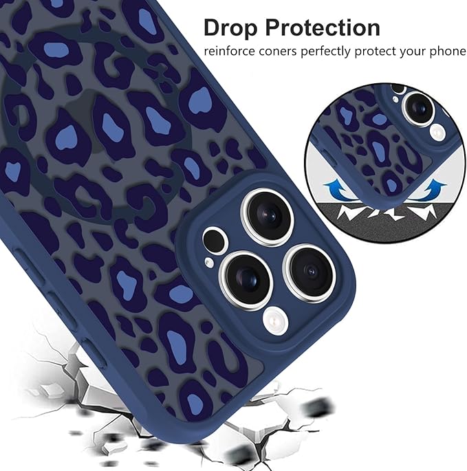KANGHAR Case for iPhone 16 Pro Blue Leopard Printed Pattern Cute Cheetah [Compatible with Magsafe] Protective Magnetic Case for Girls Women 6.3"