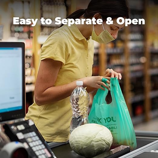 FMP Brands 500 Count Eco Biodegradable Plastic Grocery Bags with Handles, Reusable T-Shirt Thank You Shopping Bags Bulk for Small Business, Restaurant, Groceries, Supermarket