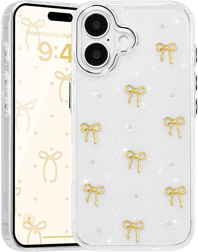 EYZUTAK Case for iPhone 16 Plus, Bling Glitter 3D Bowknot Phone Case Cute Sparkly Crystal Clear Bow Aesthetic Design Case Slim Soft Durable TPU Transparent Protective Cover for Women Girls - Gold Bow
