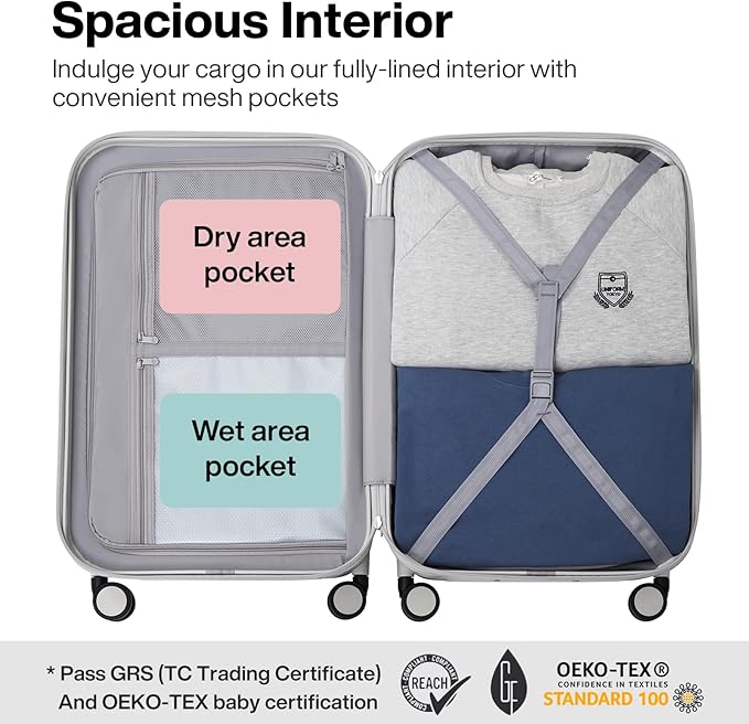 mixi Upgrade Carry on Luggage Suitcases with Spinner Wheels, Hardside Rolling Suitcase PC with TSA Lock Lightweight Travel Case 20in Carry-On, Fine Grid Smoke White