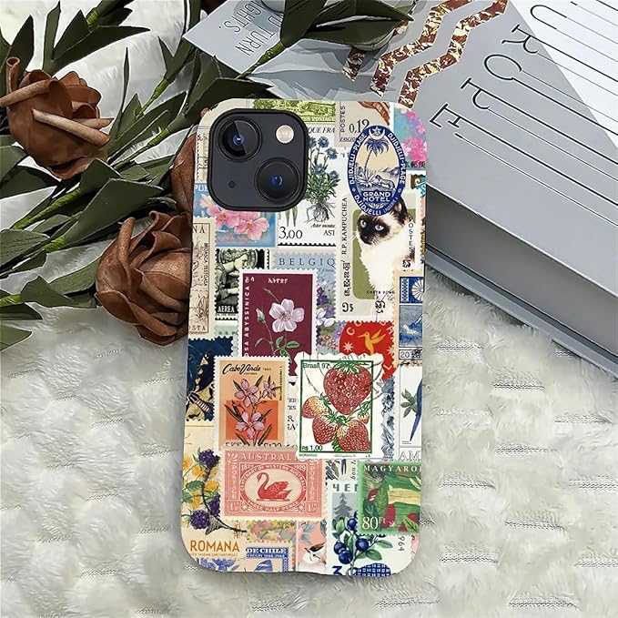 Case for iPhone 15 Plus,Vintage Stamp Collage for Woman Men Full Body Protective Cover Shockproof 2 in 1 Silicone + Hard PC Case for iPhone 15 Plus