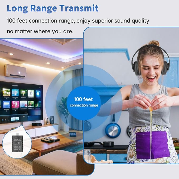 WallarGe Wireless Headphones for TV Watching, Comfortable for Seniors with Bluetooth 5.3, Easy Setup Headphones with USB Transmitter, 25 Hours Play and No Audio Delay