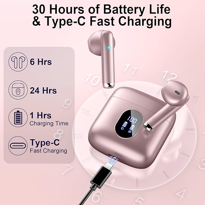 Wireless Earbuds Bluetooth 5.4 with 4 ENC Microphones, 30H Playtime USB-C Charging Case, Hi-Fi Stereo Sound, IP7 Waterproof & Ultra-Mini 3g Design for iPhone Android Gym Running, 2025 Upgraded