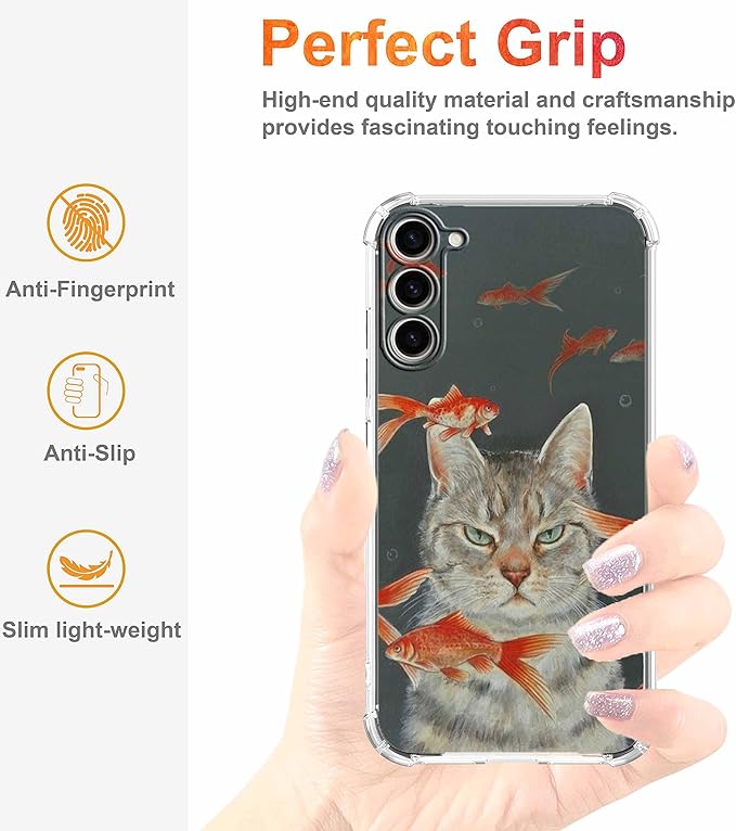 Case for Samsung Galaxy S23+ with Cool Cat Design,Cute Goldfish Pattern for Children,Clear Soft TPU Bumper Phone Cover,6.6"(Cat,S23P)