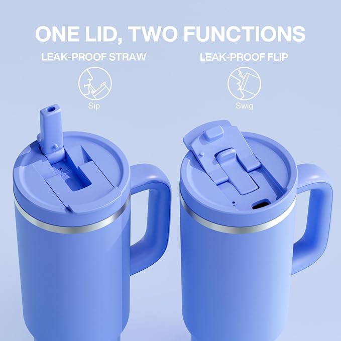40 oz Tumbler with Handle and Straw: Stainless Steel Insulated Tumbler Keeps Cold for 24 Hours, Leakproof Travel Cup Fits in Cup Holder and BPA-Free, Cornflower Blue