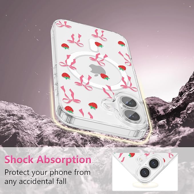 ZTOFERA for iPhone 16 Magnetic Case Clear,Cute Love Heart Ribbon Bow Tie Aesthetic Phone Case,Transparent Trendy Slim Soft Shockproof Protective Phone Cover for Women Girls,Blush