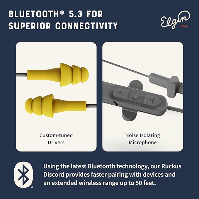Elgin Ruckus Wireless Bluetooth Earplug Headphones, 25 dB NRR, Noise Canceling Mic, 12-Hour Battery, IP65 Sweatproof, Compliant with OSHA Hearing Safety Standards