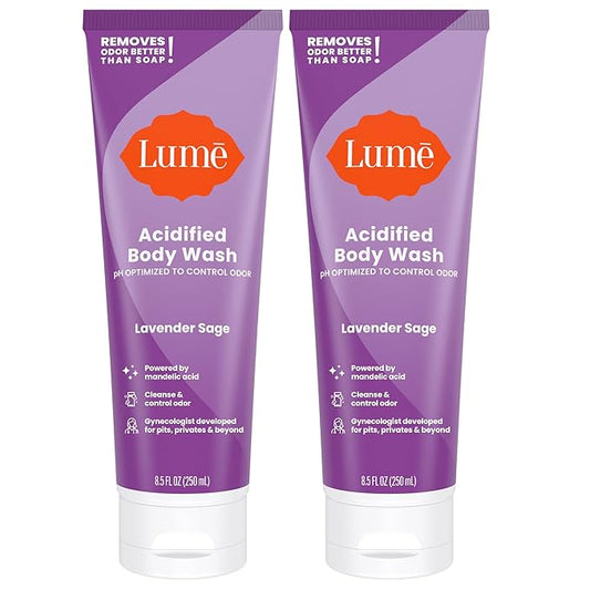 Lume Acidified Body Wash - 24 Hour Odor Control - Removes Odor Better than Soap - Moisturizing Formula - Formulated Without SLS or Parabens - OB/GYN Developed - 8.5 ounce (Pack of 2) (Lavender Sage)