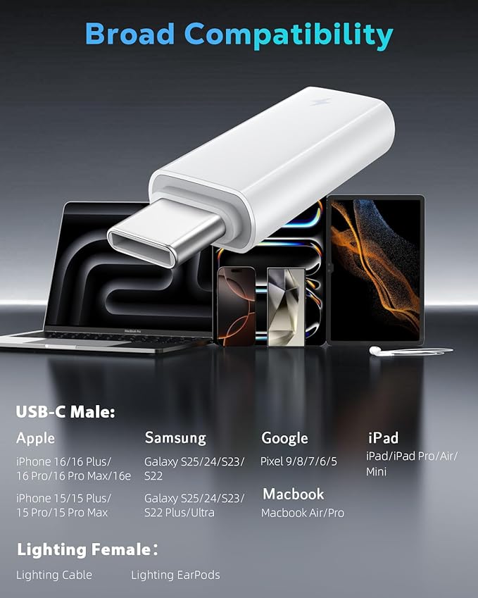 60W USB C to Lightning Headphone Audio Adapter for iPhone 17 Air 16 16e 15 Pro Max Plus, iPad Pro/Air - PD Fast Charging Data Lightning to USB C Adapter for Earphones, Not for OTG/Lavalier Microphone