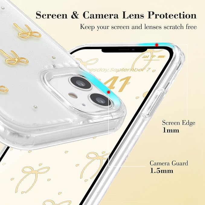 EYZUTAK Case for iPhone 11, Bling Glitter 3D Bowknot Phone Case Cute Sparkly Crystal Clear Bow Aesthetic Design Case Slim Soft Durable TPU Transparent Protective Cover for Women Girls - Gold Bow